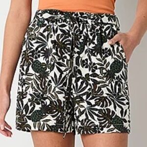 a.n.a. Linen Blend Womens High Rise Pull-On Belted Palm Print Shorts Size 2X NWT